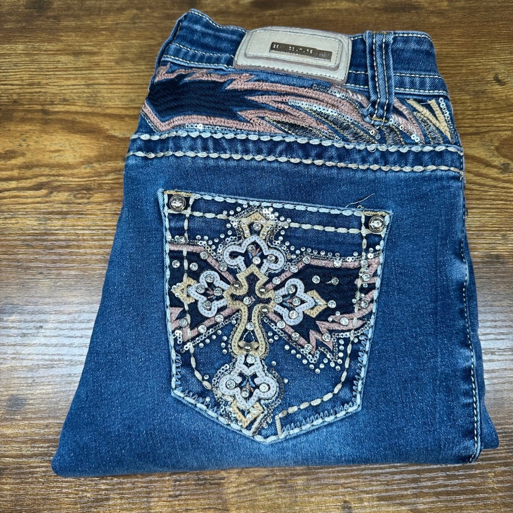 Sexy Couture Womens Blue Embellished Cross Bootcut Jeans Medium Wash Rhinestone